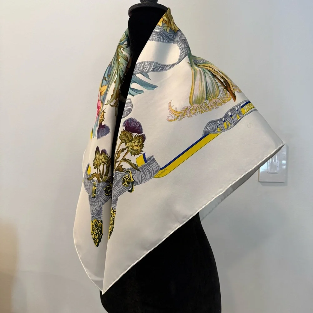 Hermes Floral Silk Scarf with Ribbon Design 35”
